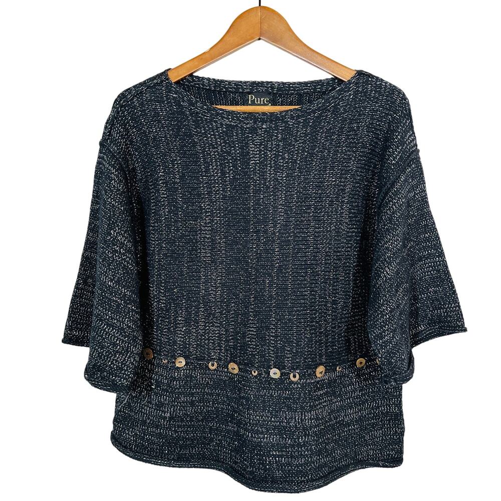 PURE Handknit Crewneck Metallic Thread Sweater Button Detail - S